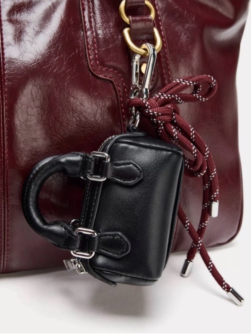 Zara Black Mini Bag Charm Key & Card Holder with Burgundy Cord